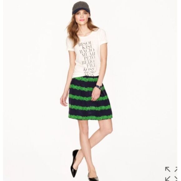 J. CREW 100% Silk Skirt Size 8 Beanstalk Stripe Blue Green Mini Pleats Lined - Picture 1 of 15